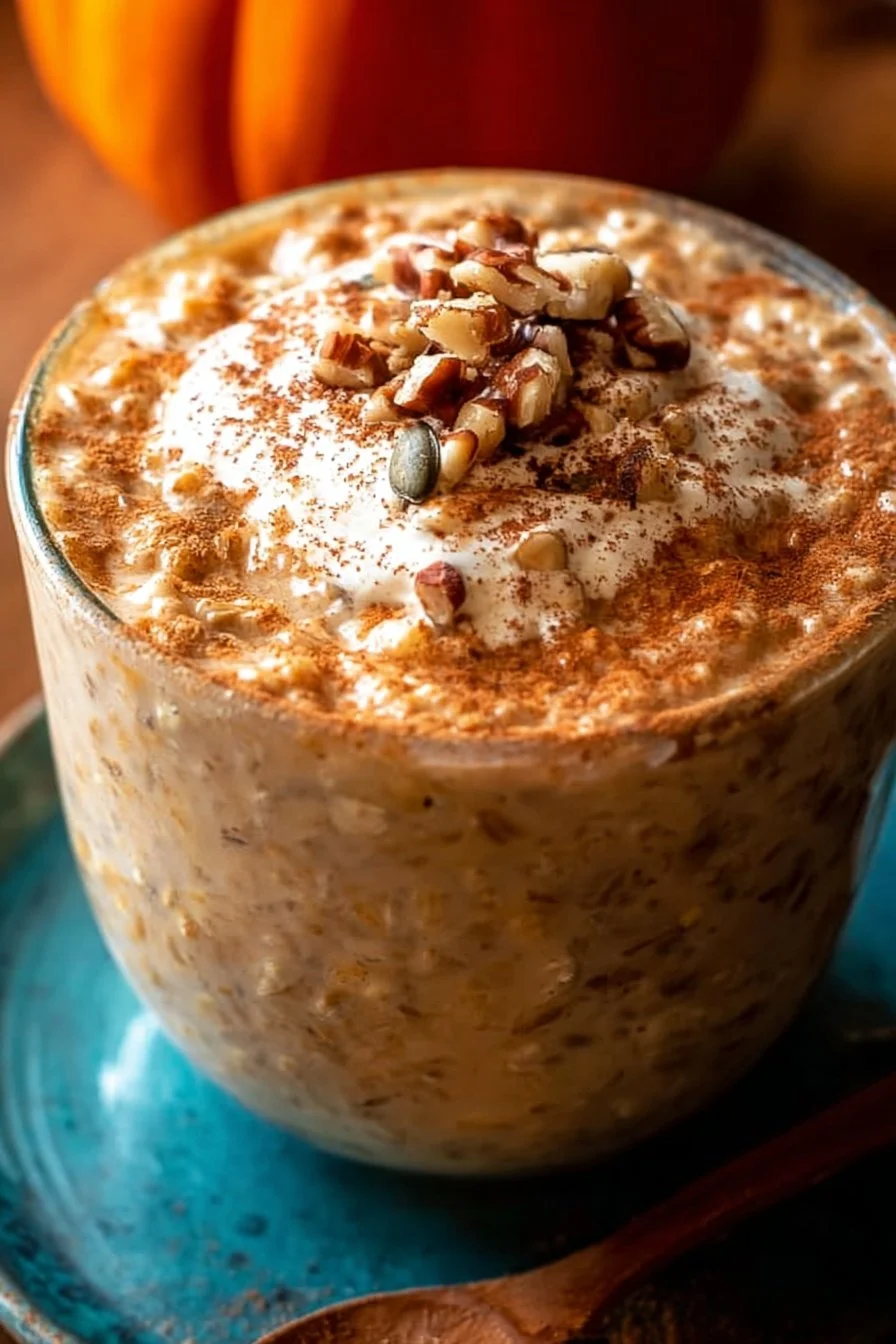 Delicious bowl of Pumpkin Overnight Oats topped with spices and seeds