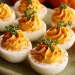 Pumpkin Patch Deviled Eggs recipe for Halloween gatherings and fall celebrations.
