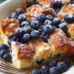 Quick Blueberry French Toast Casserole served warm with syrup and fresh blueberries.