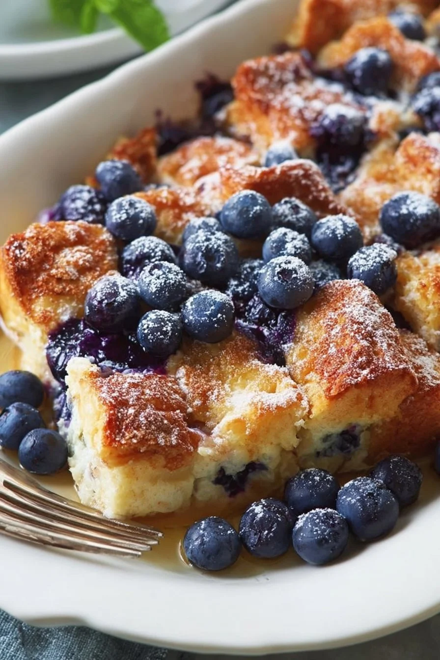 Quick Blueberry French Toast Casserole served warm with syrup and fresh blueberries.