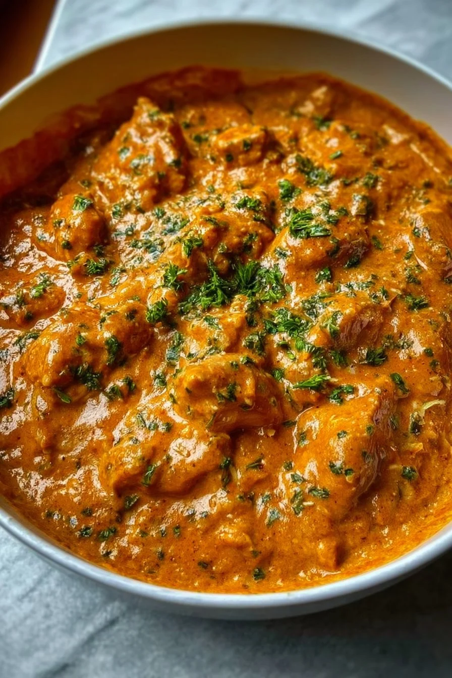 Delicious homemade butter chicken served with rice and garnished with cilantro