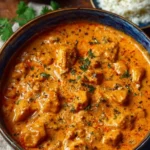 Delicious homemade butter chicken served with rice and naan.