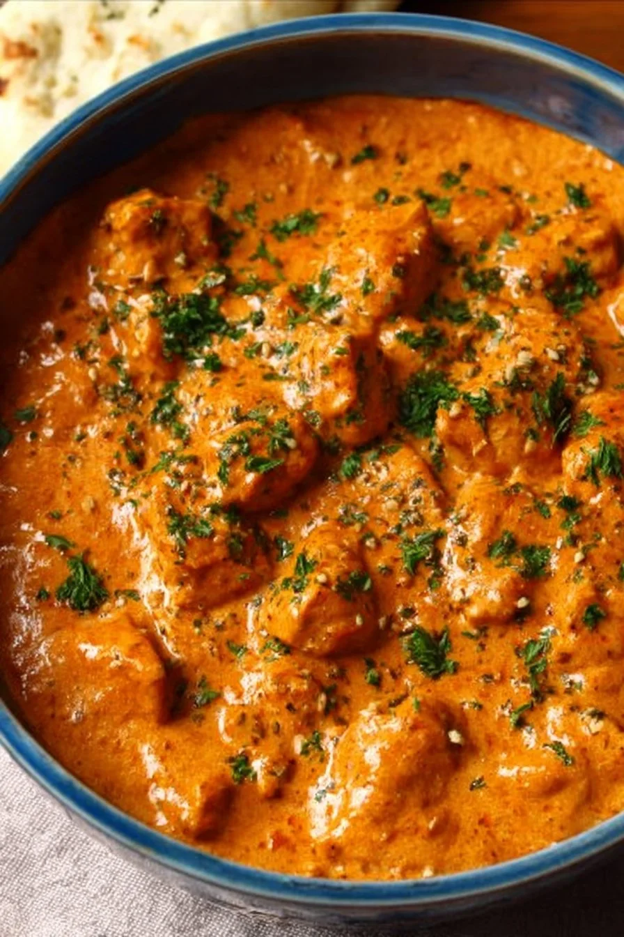 Delicious homemade butter chicken served with rice and naan.