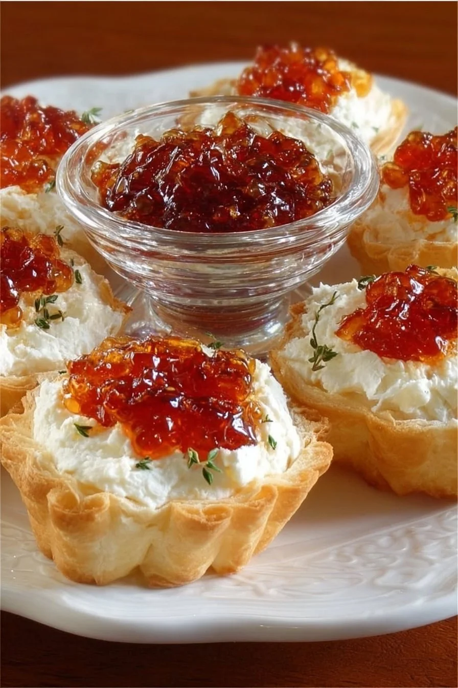 Cream cheese appetizer dip topped with pepper jelly, served with crackers and vegetables.