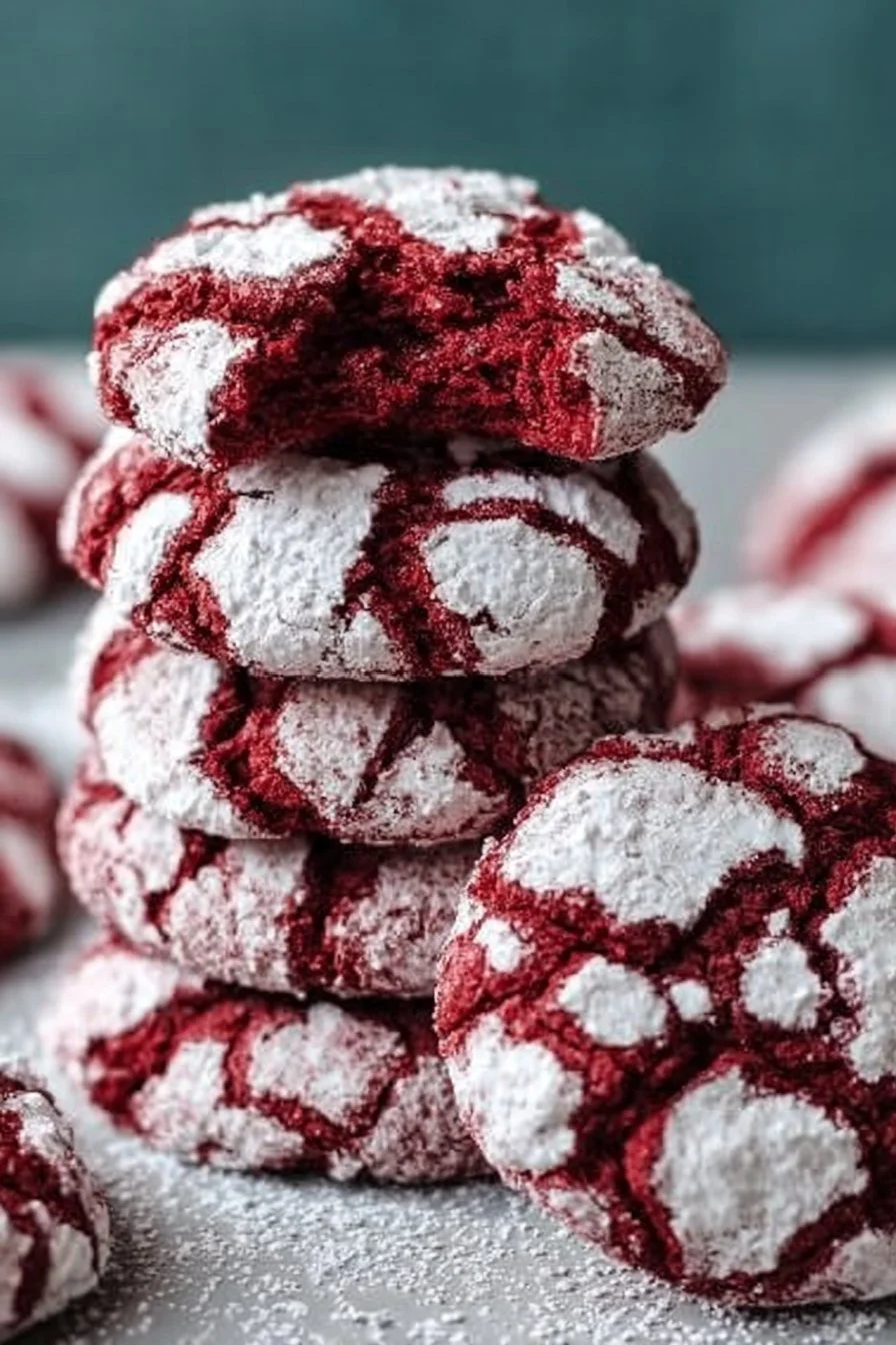 Plate of homemade red velvet crinkle cookies dusted with powdered sugar