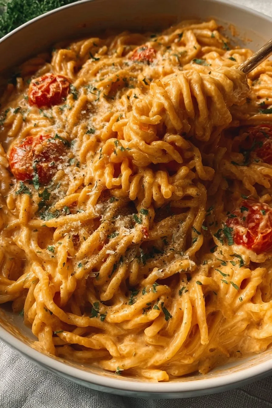 Delicious roasted tomato garlic ricotta pasta served on a plate