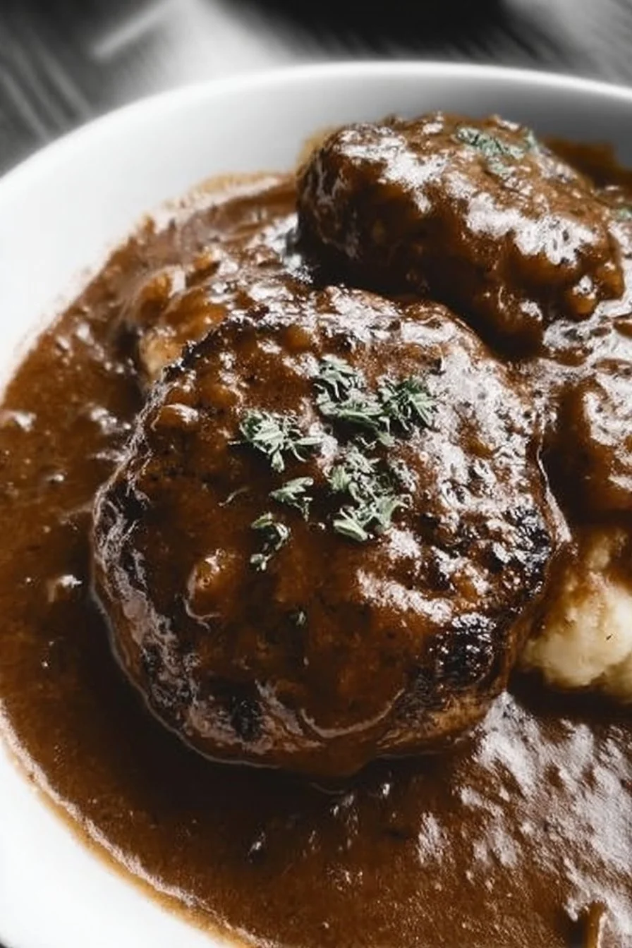 Homemade Salisbury steak with rich gravy served on a plate