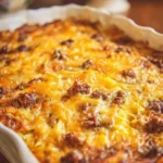 Sausage Hash Brown Breakfast Casserole layered with eggs and cheese.