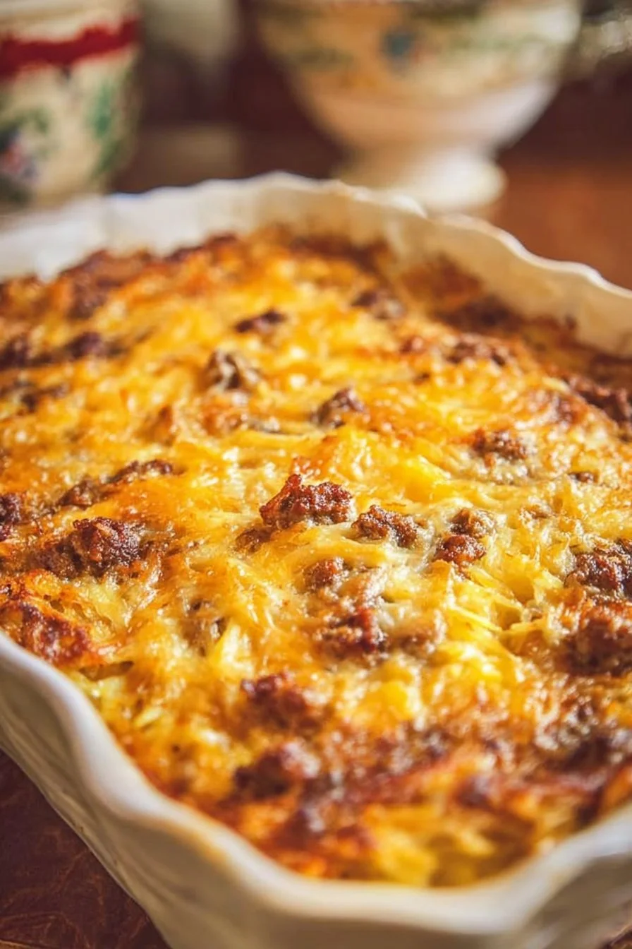 Sausage Hash Brown Breakfast Casserole layered with eggs and cheese.