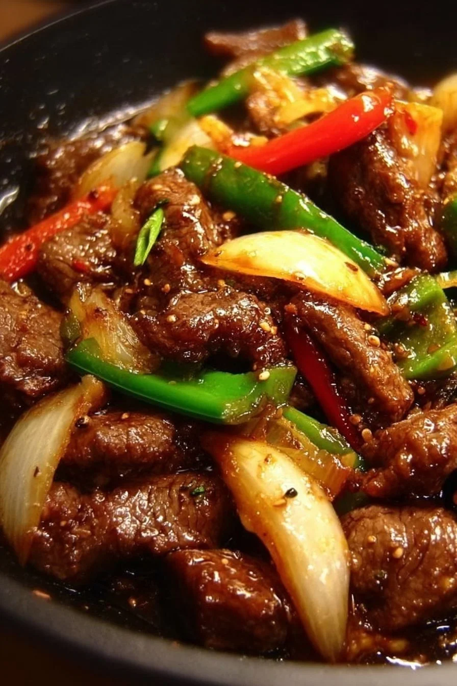 Sizzling Chinese pepper steak with onions served on a hot plate