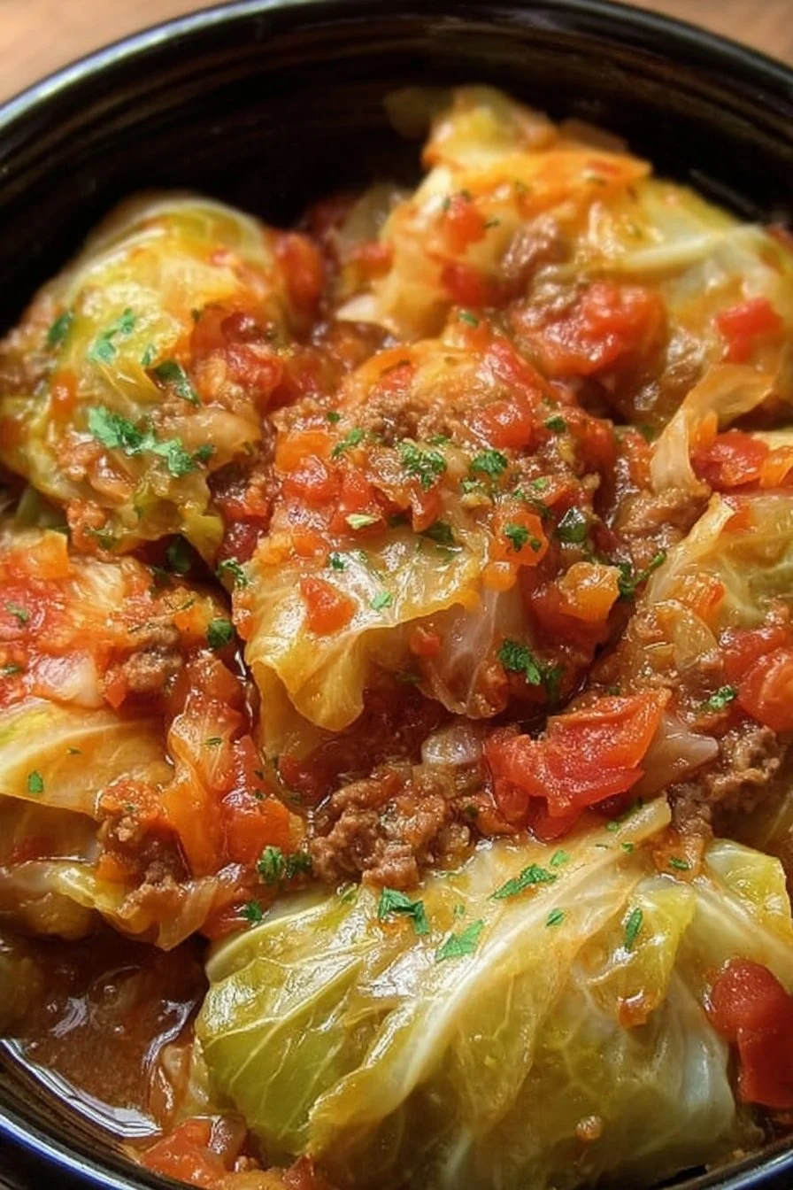 Bowl of Slow Cooker Unstuffed Cabbage Rolls with fresh herbs
