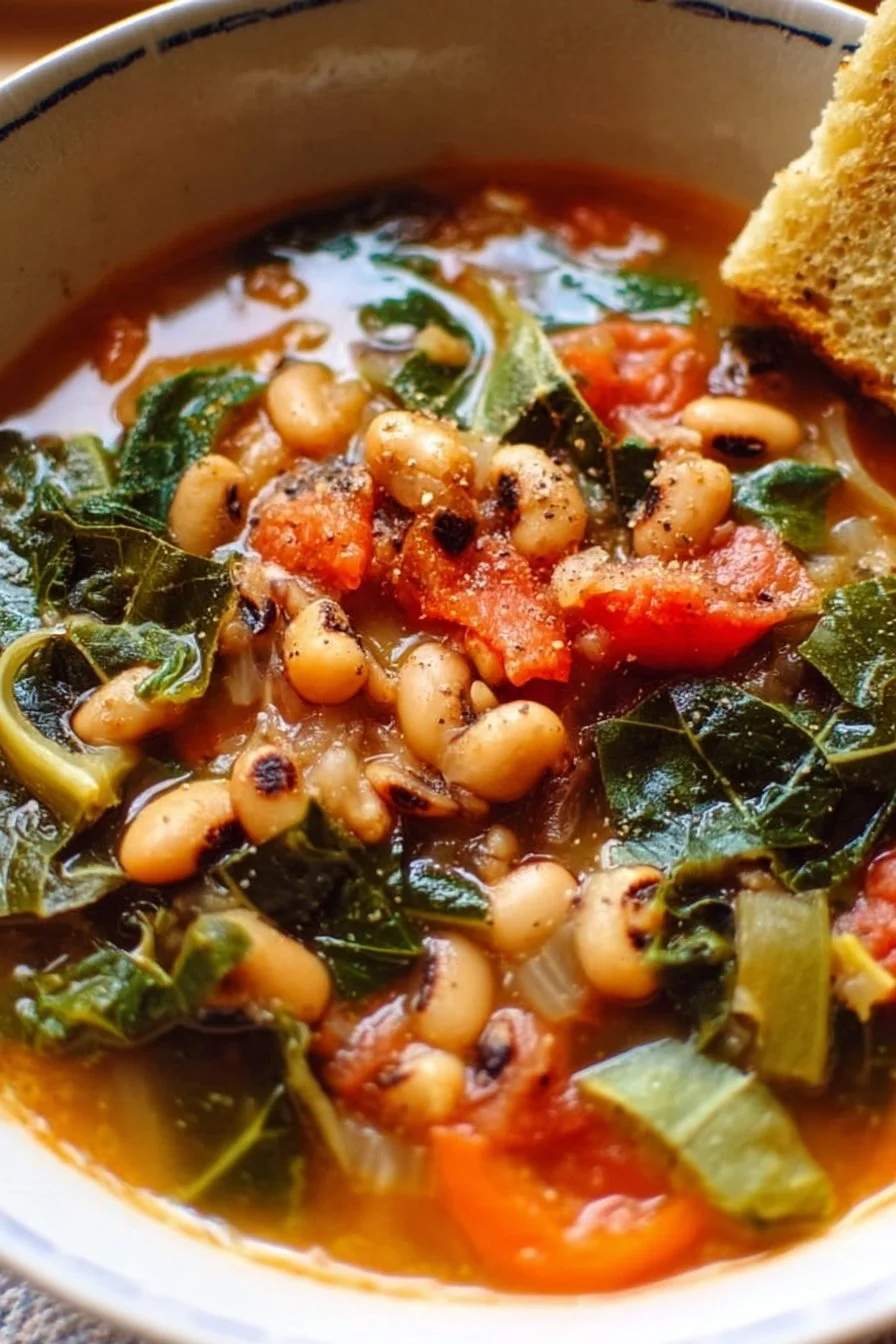 Bowl of smoky black eyed pea soup with collard greens garnished with herbs.