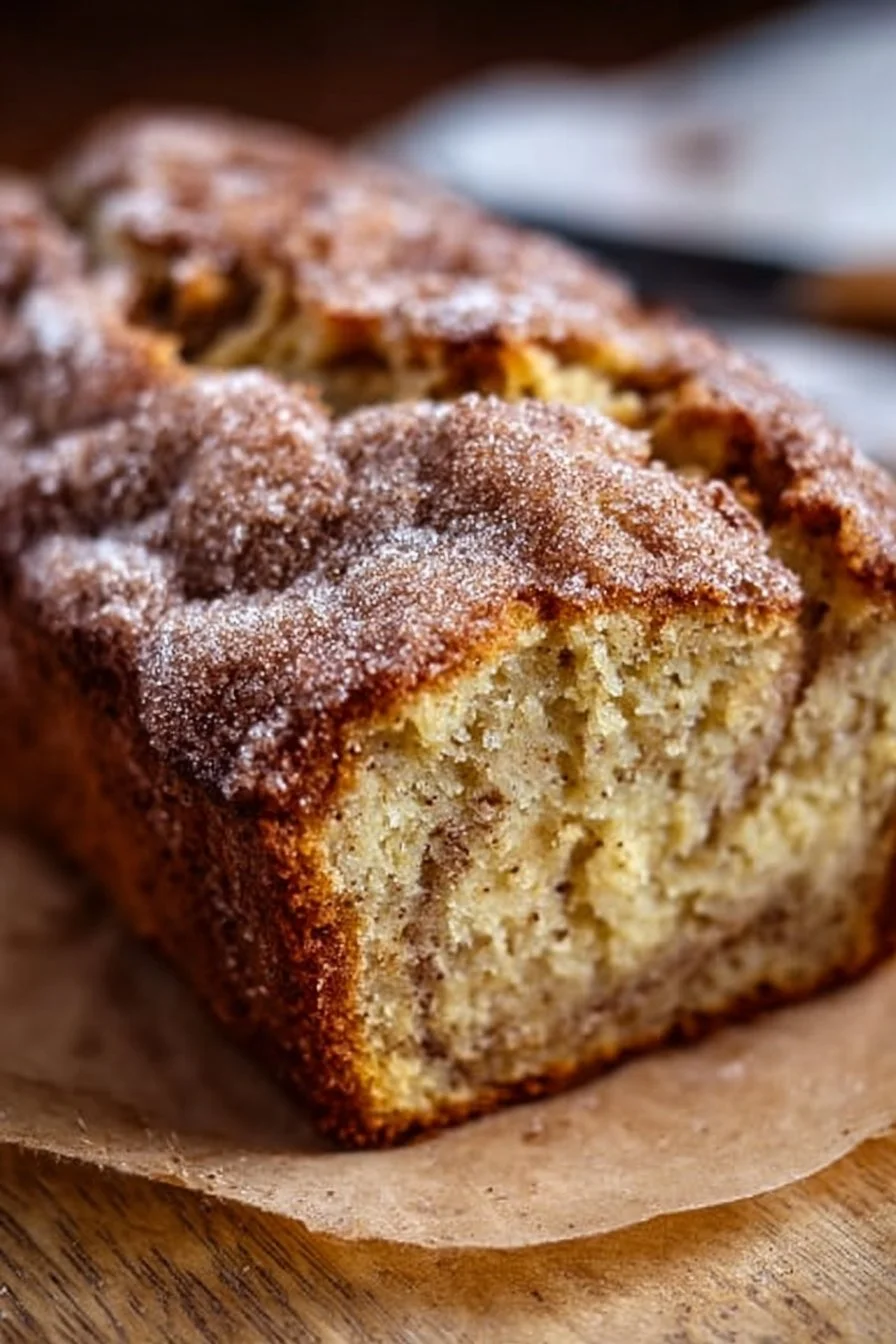 Delicious slice of homemade snickerdoodle banana bread with cinnamon topping.