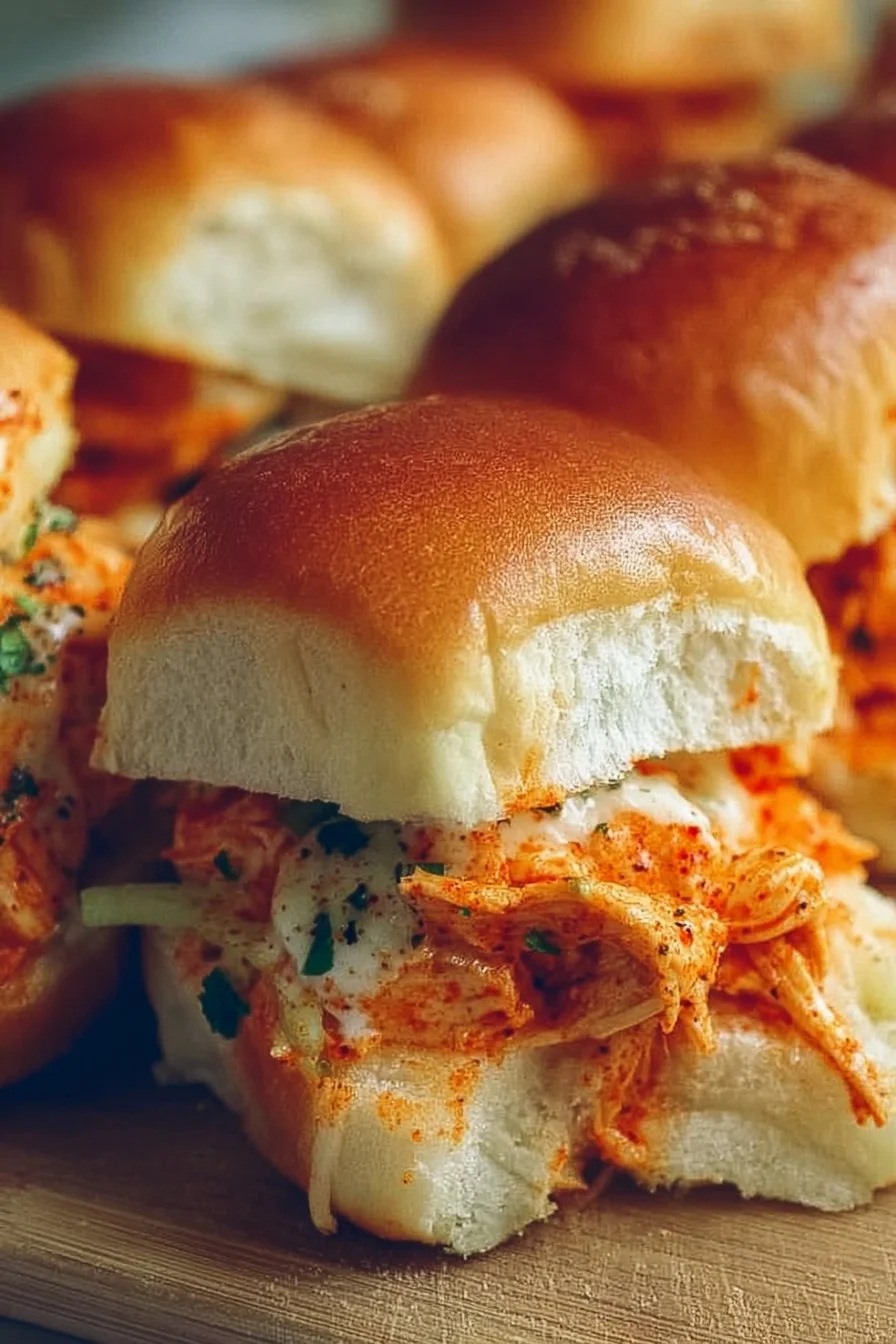 Delicious spicy buffalo chicken sliders served on a plate