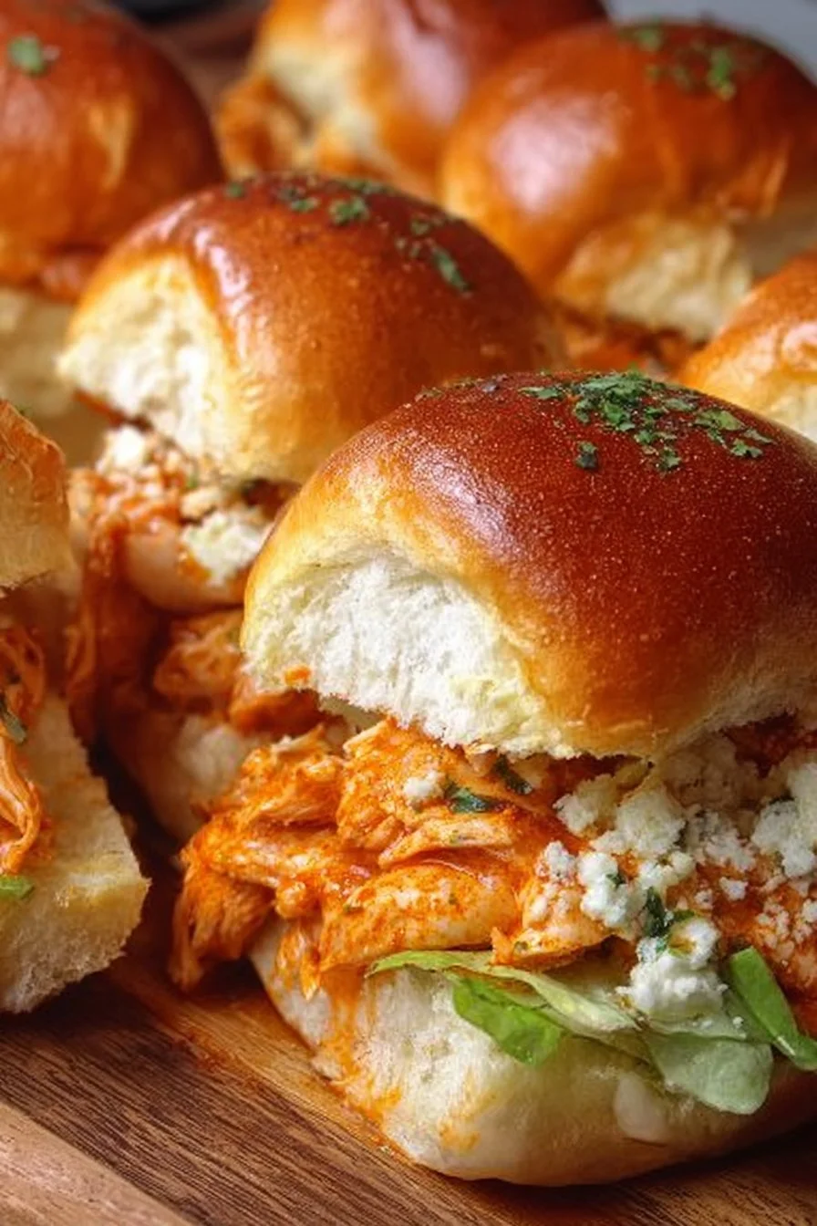 Spicy Buffalo Chicken Sliders served on a platter with fresh ingredients