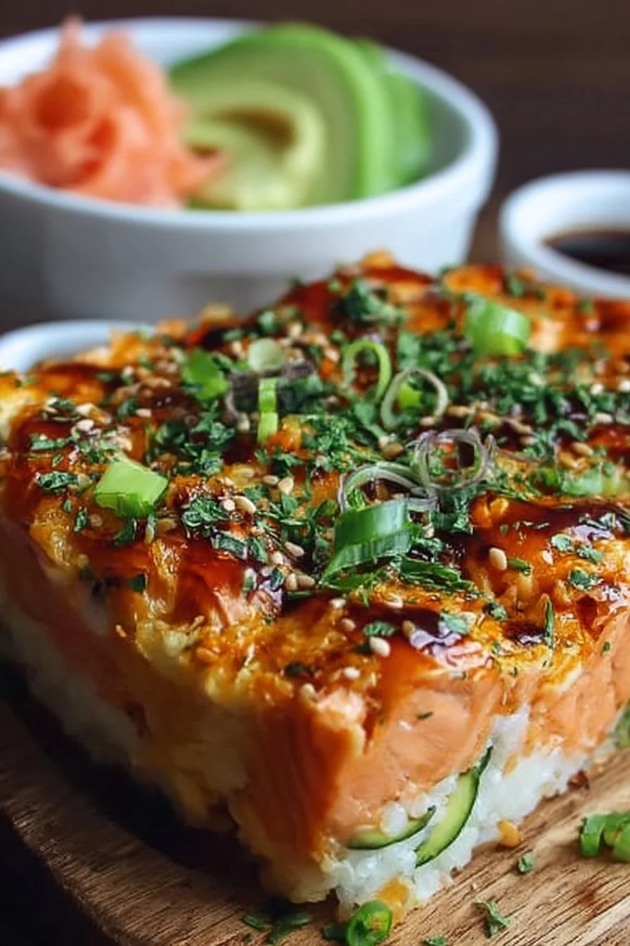 Delicious Spicy Salmon Sushi Bake served in a baking dish with garnishes.