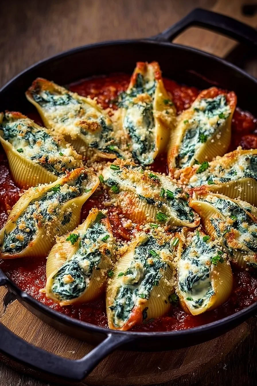 Delicious spinach and ricotta stuffed pasta shells topped with marinara sauce