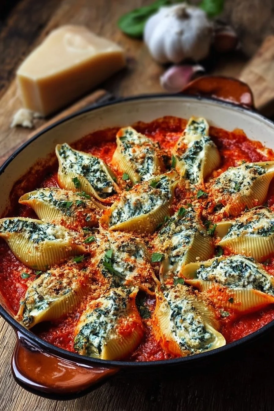 Plate of Spinach and Ricotta Stuffed Shells topped with marinara sauce and cheese