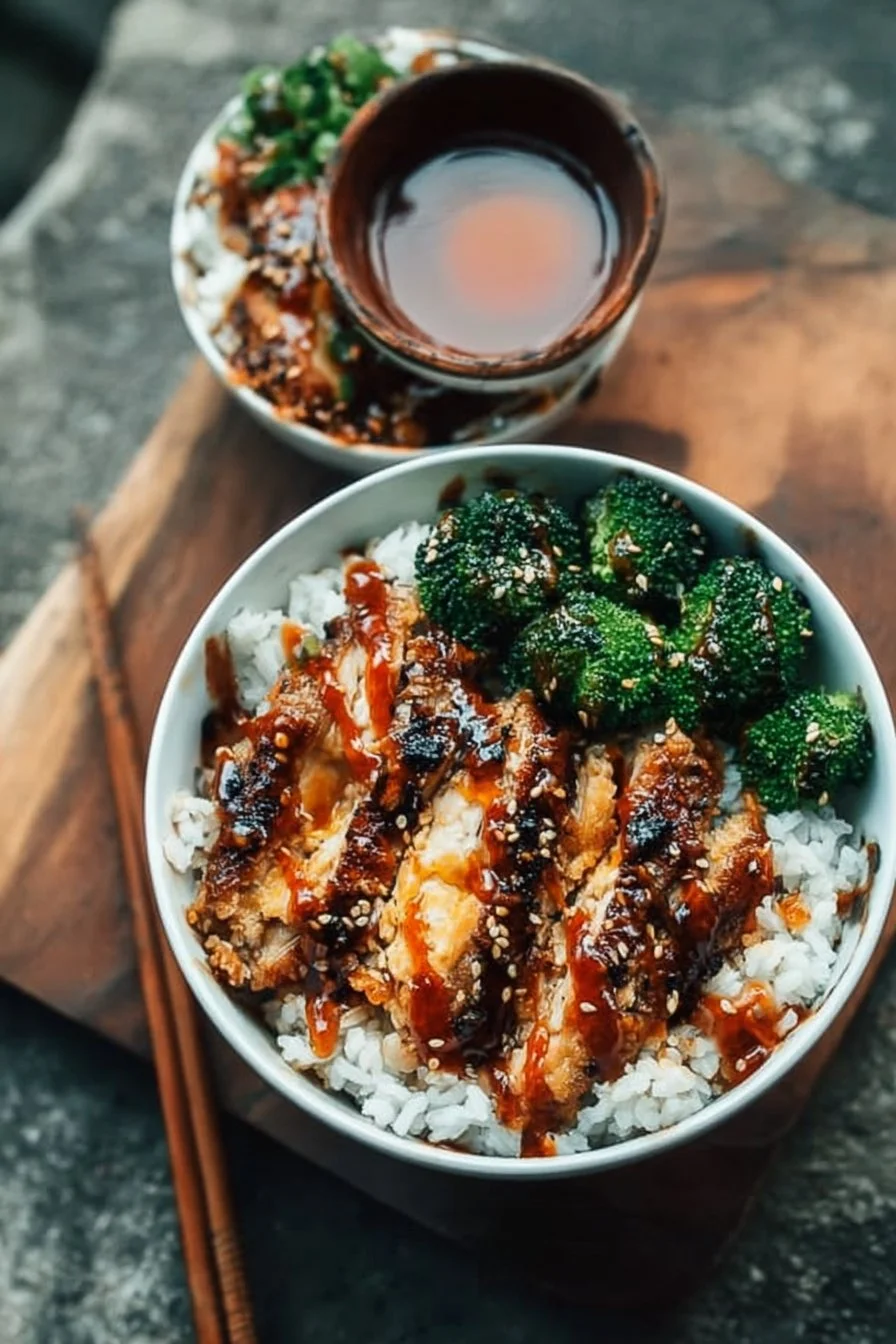 Delicious sticky chicken rice bowls garnished with fresh herbs