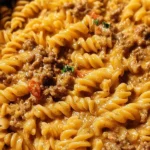 Delicious stovetop creamy ground beef pasta served in a bowl
