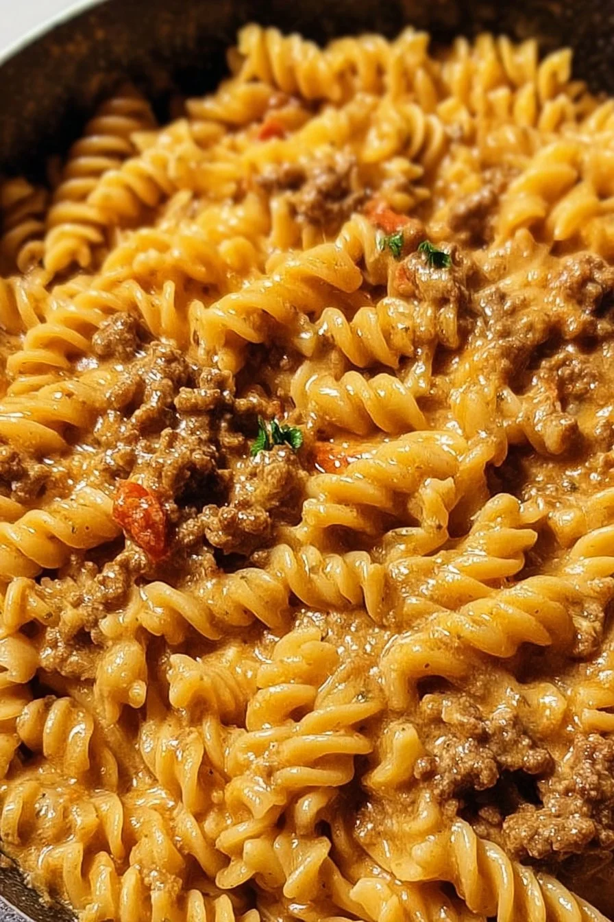 Delicious stovetop creamy ground beef pasta served in a bowl