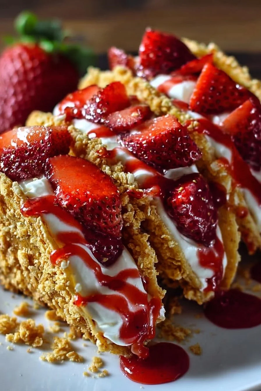 Strawberry Crunch Cheesecake Tacos topped with fresh strawberries and crushed cookies
