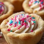 Delicious sugar cookie cups topped with frosting and sprinkles