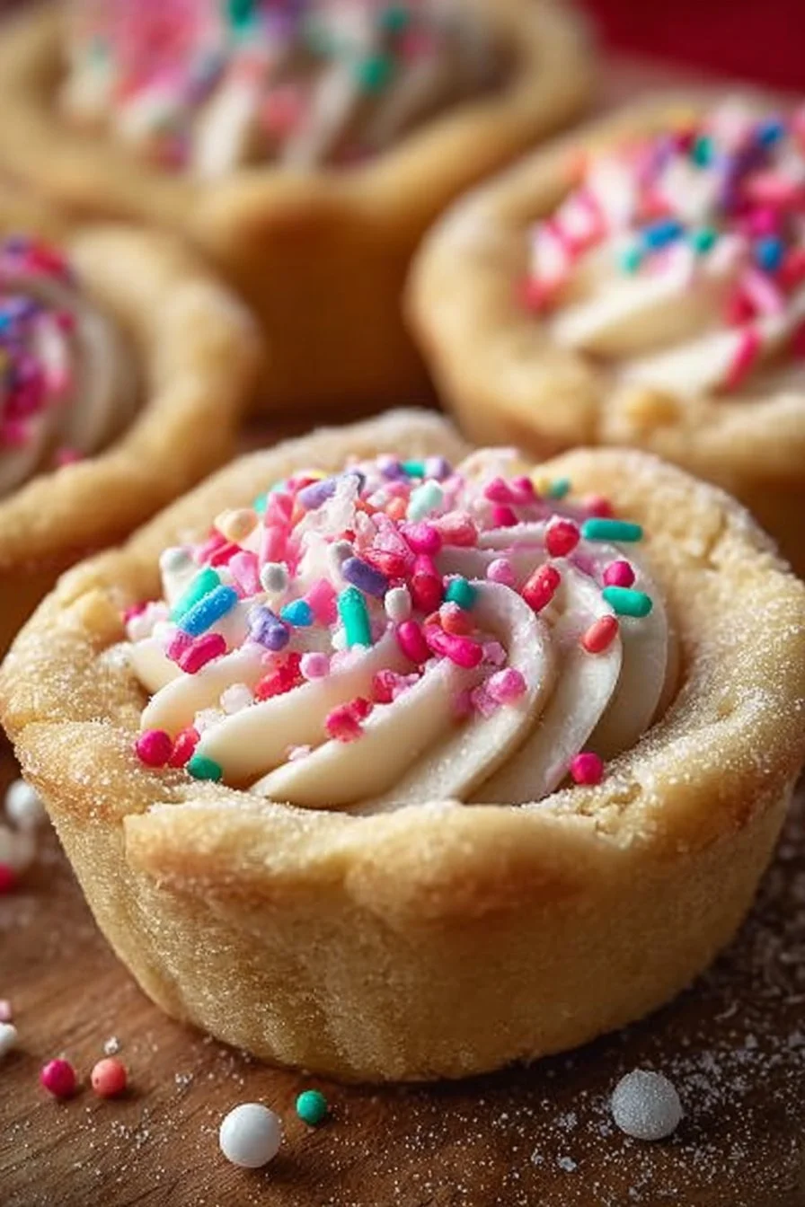 Delicious sugar cookie cups topped with frosting and sprinkles