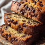 A loaf of moist chocolate chip banana bread with slices cut and chocolate chips visible