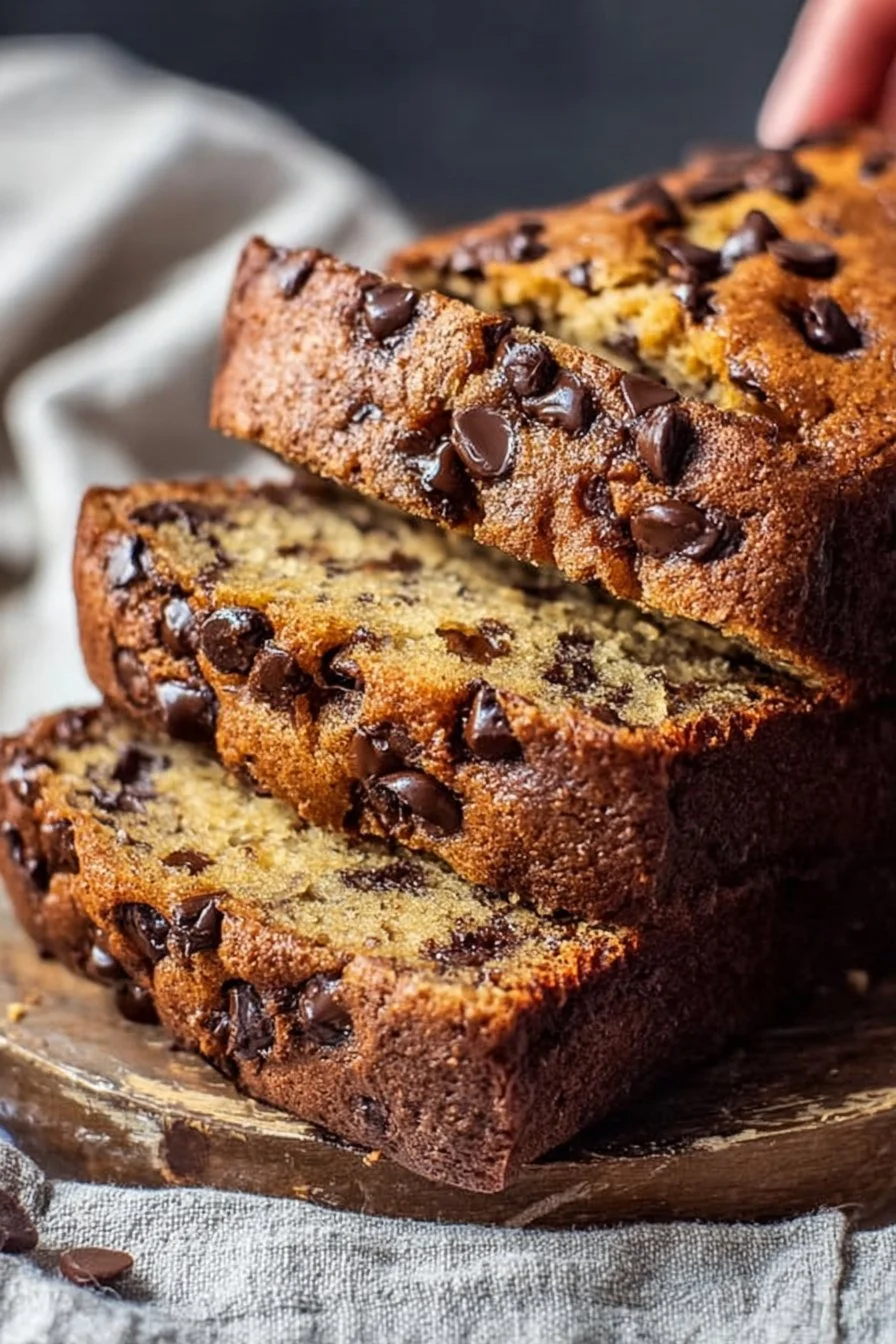 A loaf of moist chocolate chip banana bread with slices cut and chocolate chips visible