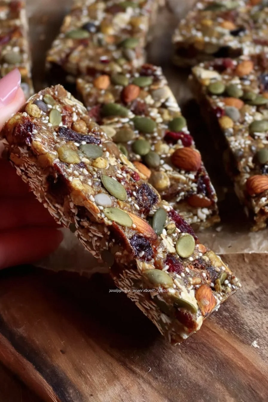A variety of superfood granola bars with nuts and fruits for a healthy snack.