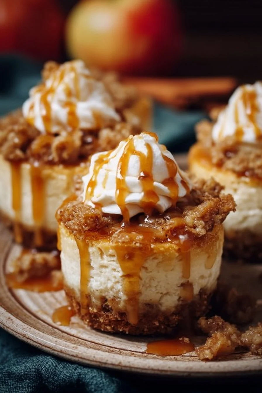 Delicious Sweet Apple Crisp Cheesecakes with a crunchy topping and creamy filling.