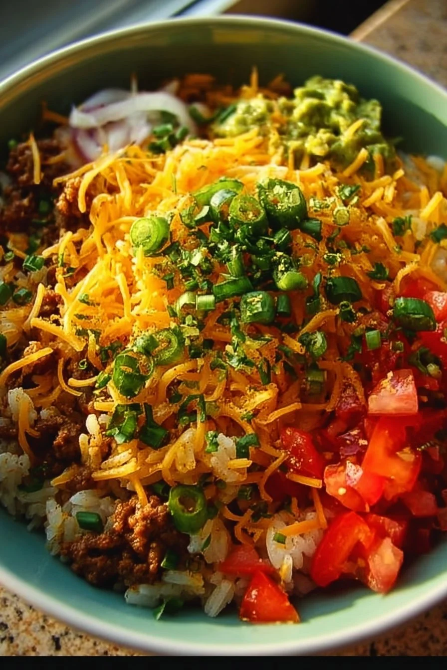 Delicious Taco Rice Bowl with colorful vegetables and toppings