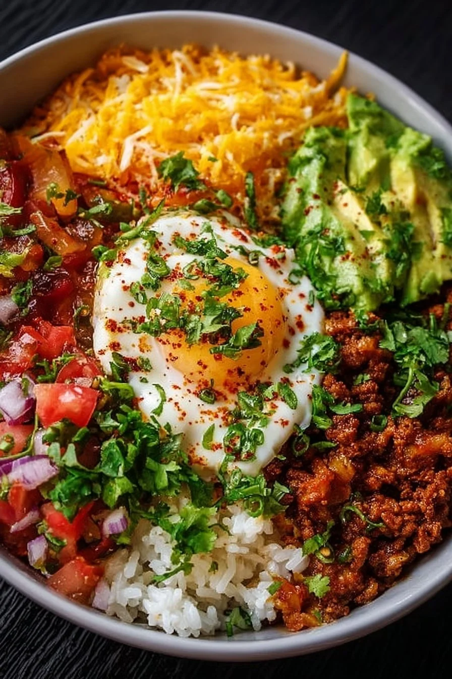 Colorful Taco Rice Bowl with seasoned beef, rice, beans, and fresh toppings