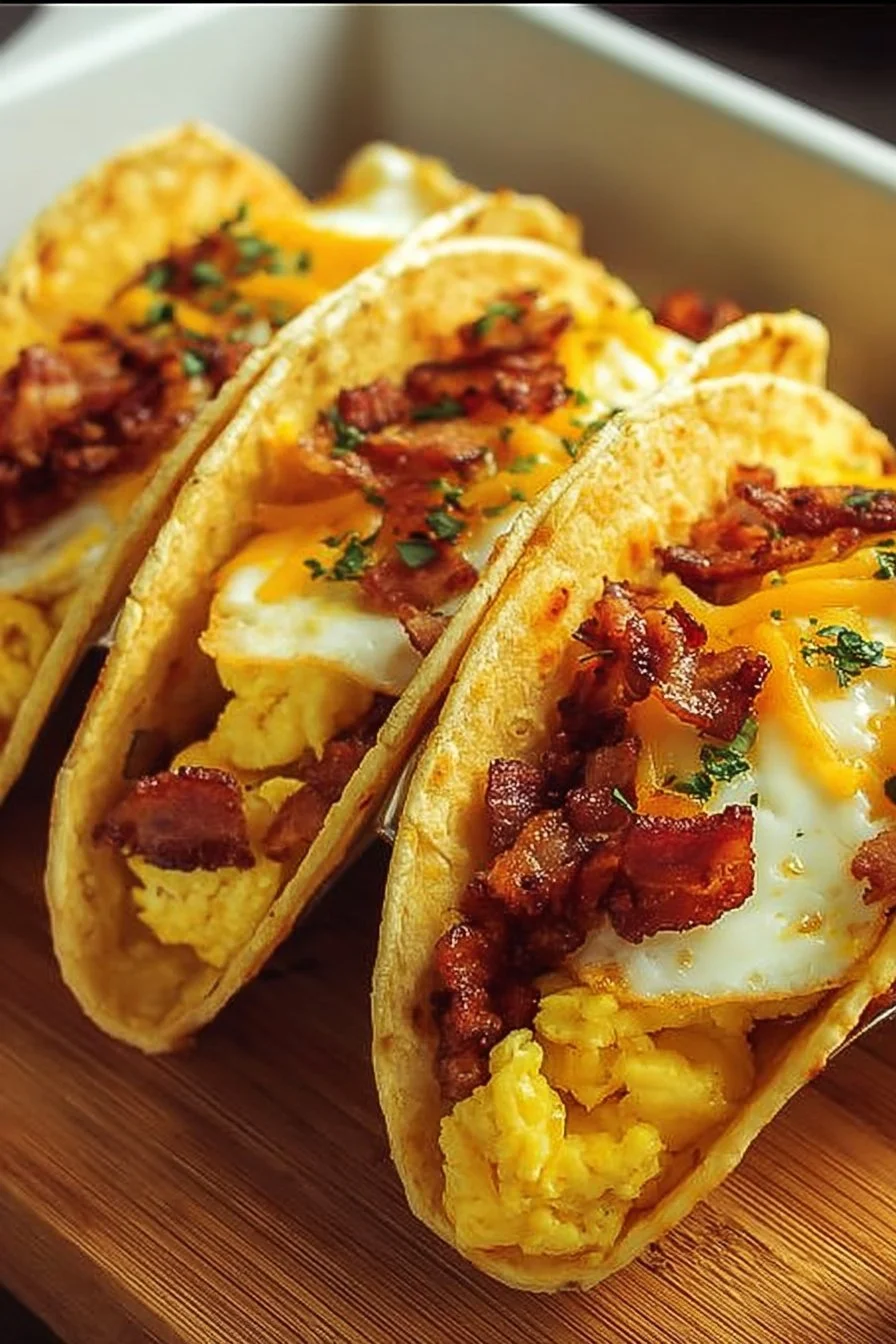 Baked breakfast tacos filled with eggs, cheese, and toppings on a plate.