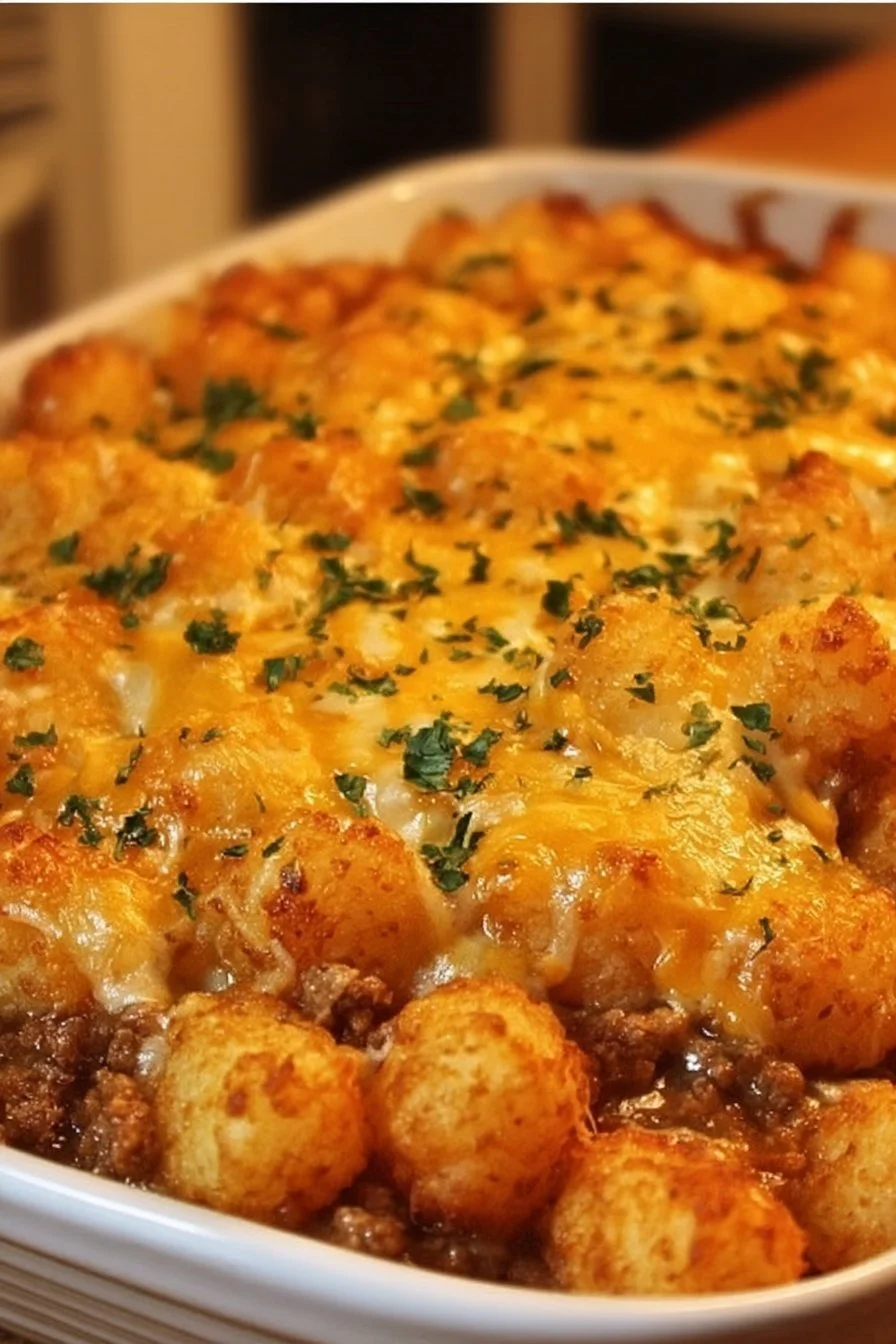Delicious Tater Tot Casserole baked to perfection with golden tots on top