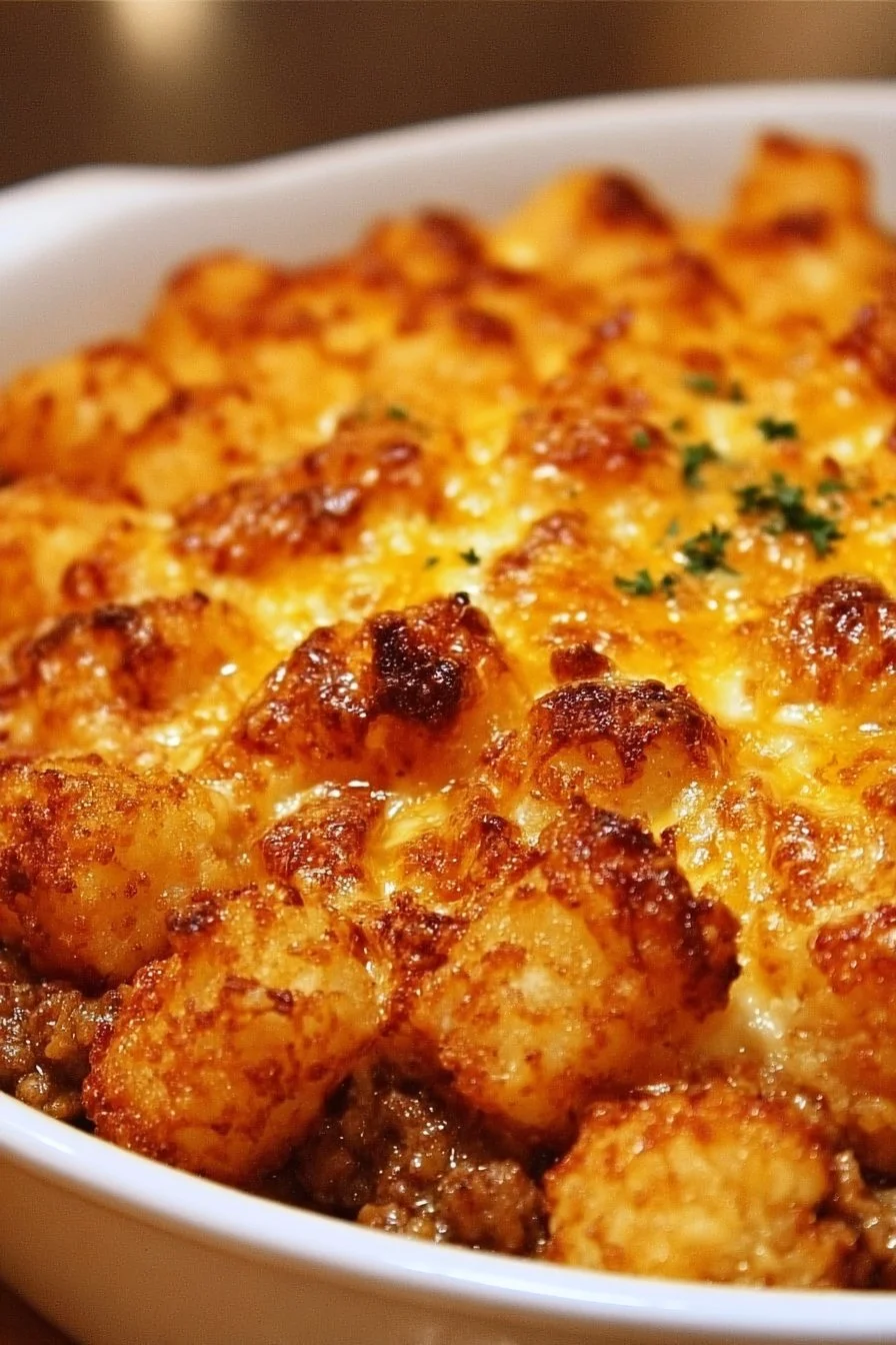 Tater Tot Casserole baked dish with crispy tater tots and toppings