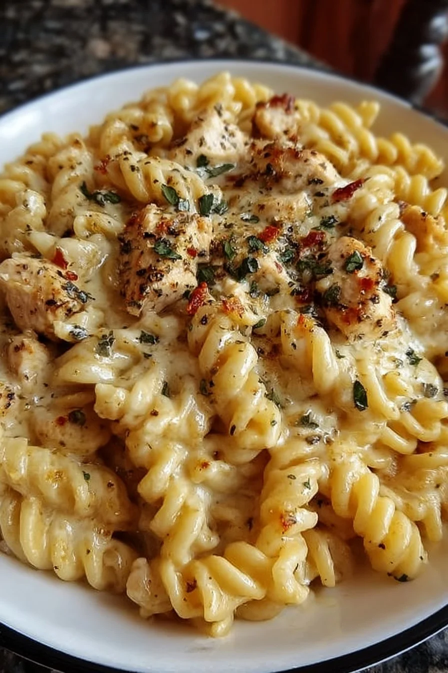 Delicious garlic parmesan chicken pasta prepared in a crockpot
