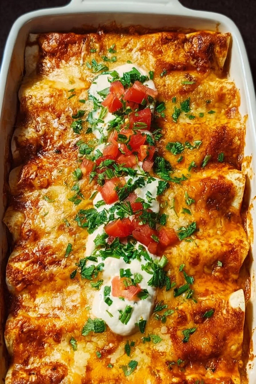Plate of ultimate quick and easy chicken enchiladas topped with cheese and sauce