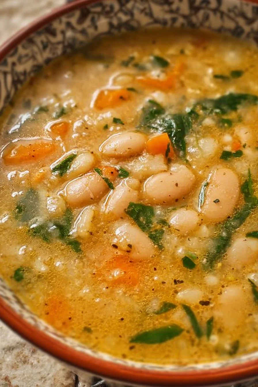 Bowl of hearty white bean soup garnished with herbs and served with crusty bread