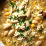 Creamy white chicken chili served in a bowl with toppings
