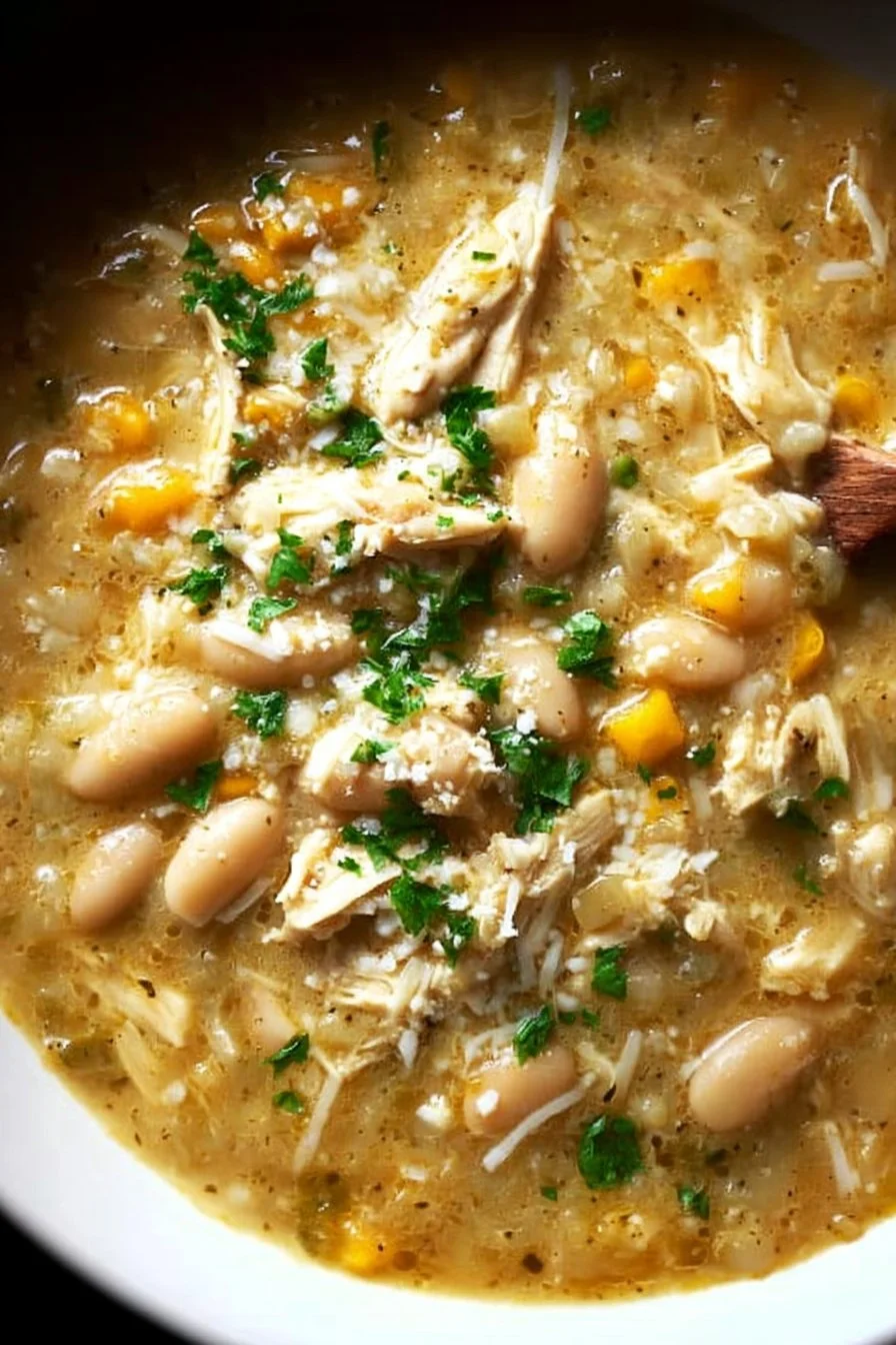Creamy white chicken chili served in a bowl with toppings