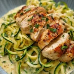 Zucchini noodle chicken alfredo served in a bowl with parmesan cheese