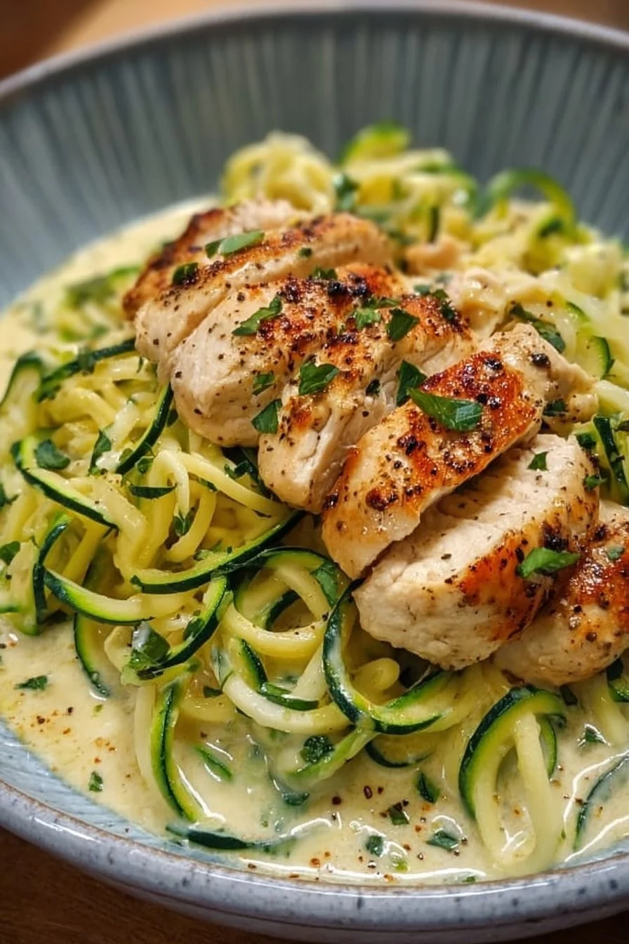 Zucchini noodle chicken alfredo served in a bowl with parmesan cheese