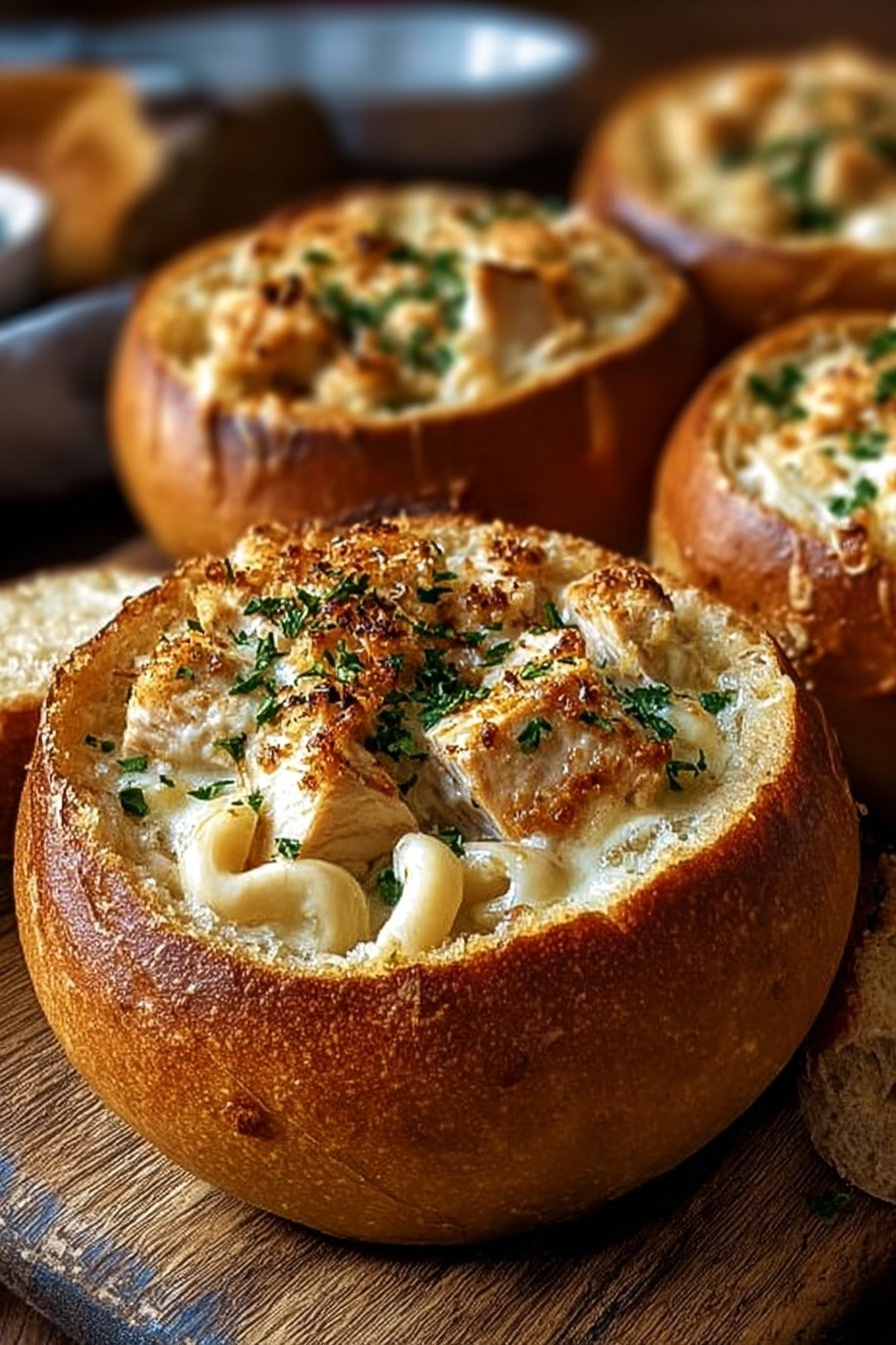 Chicken Alfredo Garlic Bread Bowls