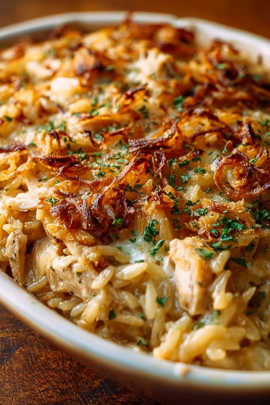 French Onion Chicken Orzo Casserole