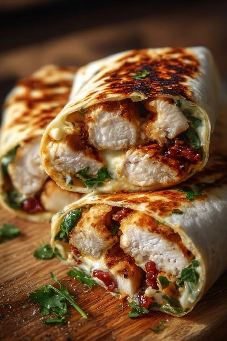 Air Fryer Chicken & Mozzarella Wraps on a plate garnished with fresh herbs.