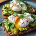 Avocado toast topped with a poached egg on a plate