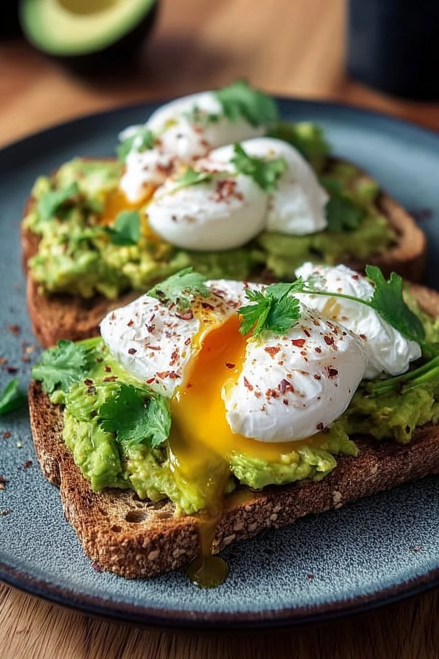 Avocado toast topped with a poached egg on a plate