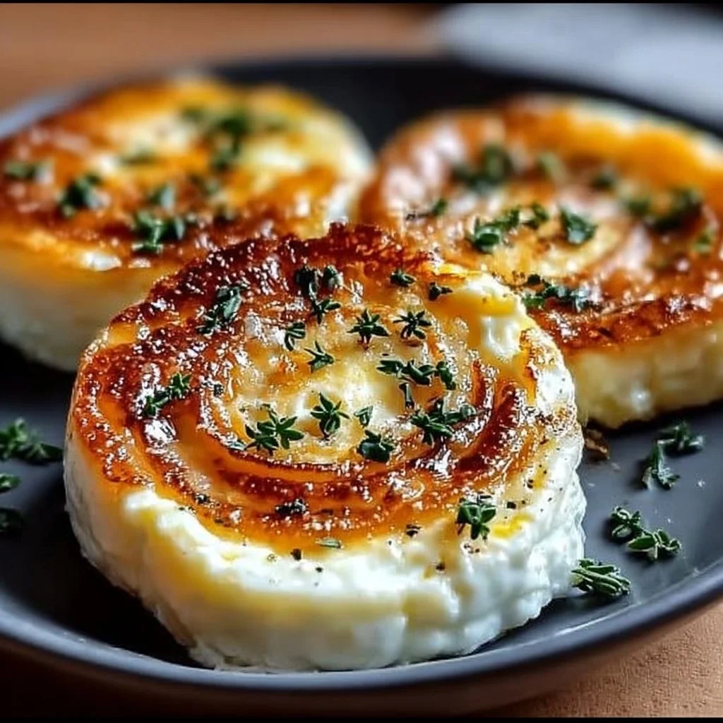 Baked cottage cheese eggs served in a bowl, garnished with herbs and spices